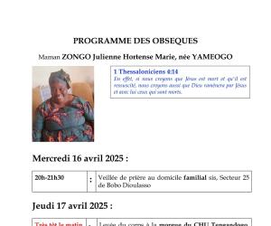 Programme des obsèques de Maman Hortense ZONGO