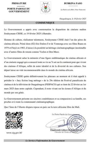 1. Le Gouvernement burkinabè rend hommage à Souleymane Cissé