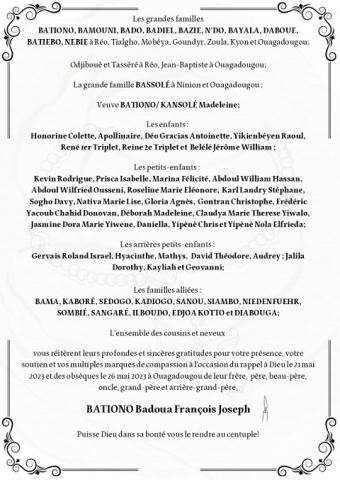 Invitation à la messe de Papa Badoua François Joseph BATIONO